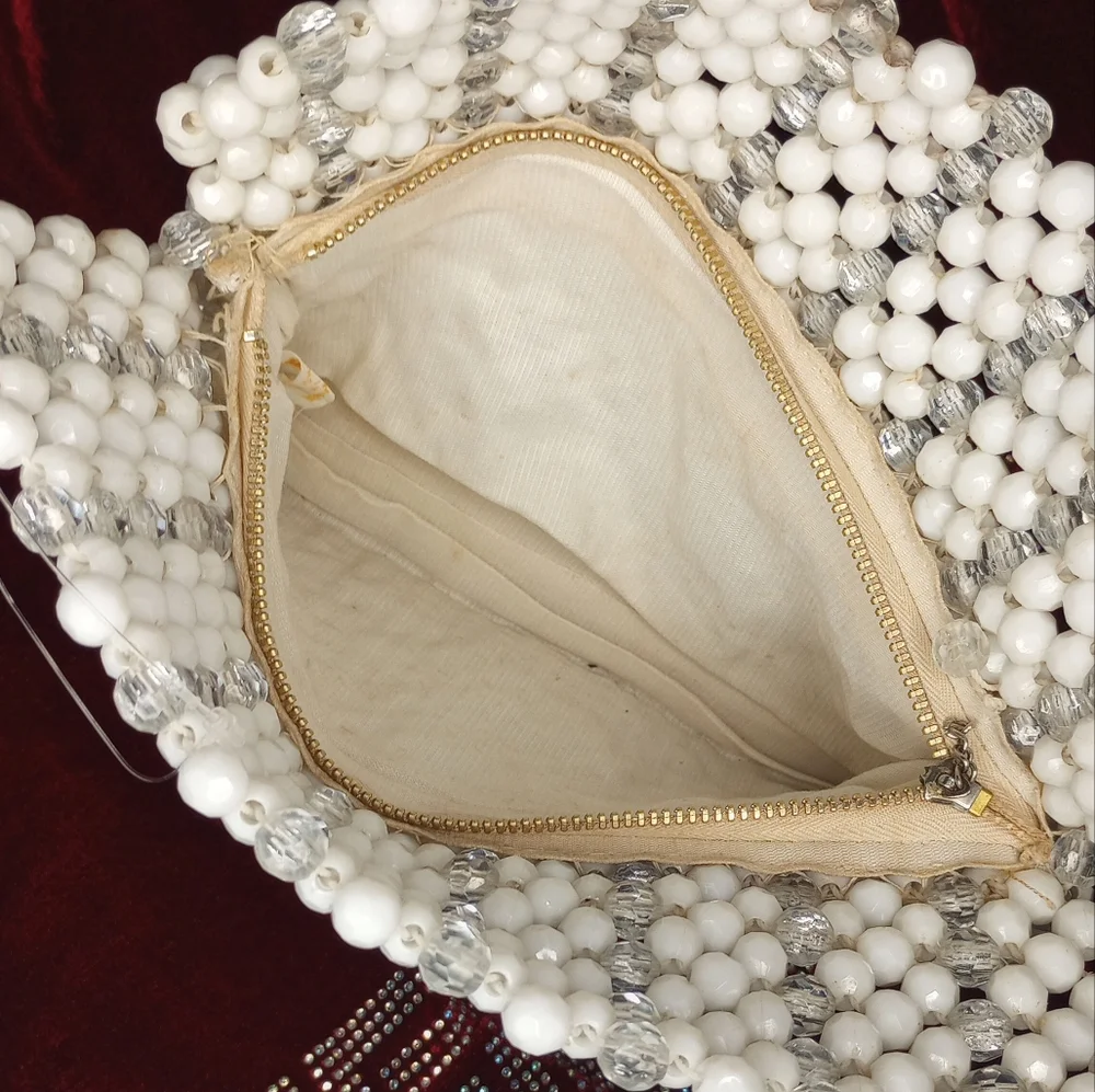 Vintage Hand Made In Hong Kong Elegant‎ White Beaded Handbag